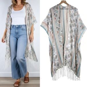 Lake Shore Drive Boho Tassel Ethnic Kimono Kaftan Duster Topper Wrap Shrug